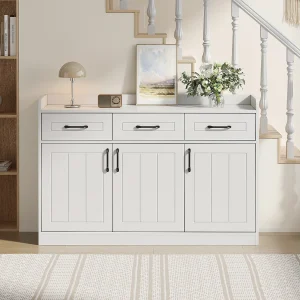 Dressoir 120x35x80 cm – 3 lades, 3 deuren – Verstelbare grepen en planken – Spaanplaat – Wit Dressoir 120x35x80 cm – 3 lades, 3 deuren – Verstelbare grepen en planken – Spaanplaat – Wit