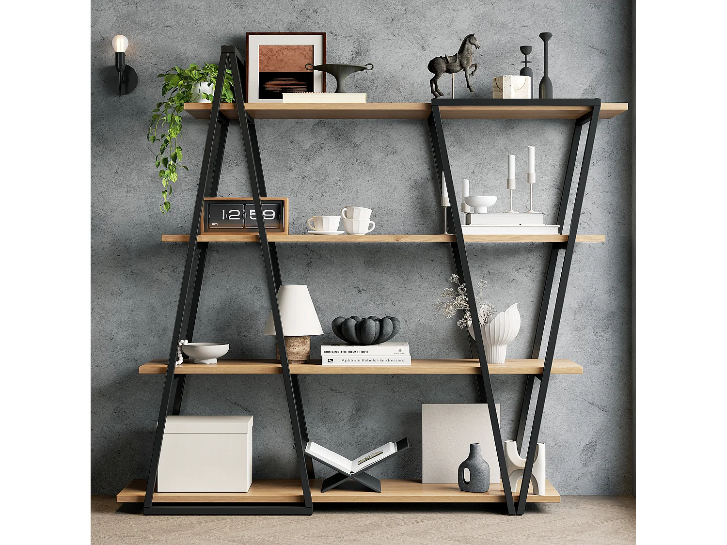 Geometrische staande kast 158x35x166 cm - Ijzeren frame - 25 mm MDF blad - Driehoekig ontwerp - Zwart en natuur