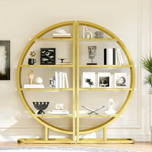 Gebogen modulair kast in 2 delen -120x30x130 cm – 4 planken – Frame van goud metaal – Verstelbare poten – MDF – Goud