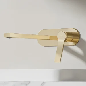 EMKE inbouw wastafelkraan wandkraan mengkraan messing keramisch binnenwerk champagne goud L.21 cm EMKE inbouw wastafelkraan wandkraan mengkraan messing keramisch binnenwerk champagne goud L.21 cm