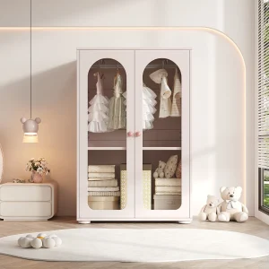 Gelakte kinderkledingkast – 80 x 50 x 120 cm – met kledingstang + 2 transparante acryl deuren – MDF – roze Gelakte kinderkledingkast – 80 x 50 x 120 cm – met kledingstang + 2 transparante acryl deuren – MDF – roze