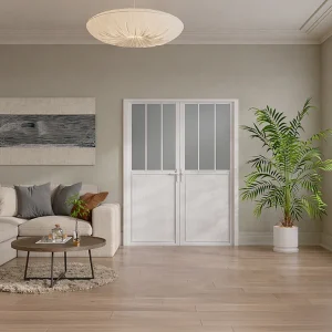 Wit omkeerbaar dubbel deurblok, mat glas atelierstijl, 2 x H204 x B73 cm, ERMELO Wit omkeerbaar dubbel deurblok, mat glas atelierstijl, 2 x H204 x B73 cm, ERMELO
