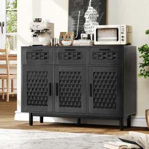 Dressoir met 3 lades en 3 deuren – hout – 107,9 x 40 x 80 cm – Geschikt voor keuken en woonkamer – zwart Dressoir met 3 lades en 3 deuren – hout – 107,9 x 40 x 80 cm – Geschikt voor keuken en woonkamer – zwart