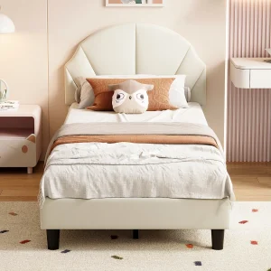 Eenpersoons kinderbed 90 x 200 cm – wolkvormig hoofdeinde – in hoogte verstelbaar hoofdeinde – fluweel – beige Eenpersoons kinderbed 90 x 200 cm – wolkvormig hoofdeinde – in hoogte verstelbaar hoofdeinde – fluweel – beige