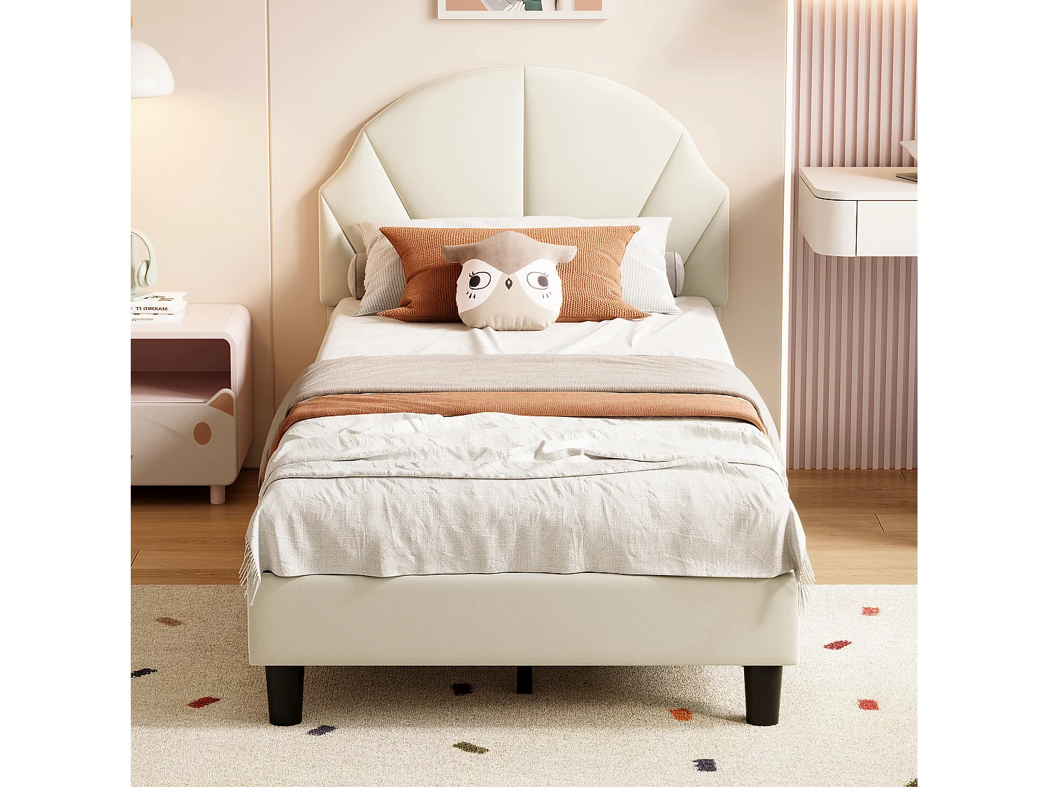 Eenpersoons kinderbed 90 x 200 cm - wolkvormig hoofdeinde - in hoogte verstelbaar hoofdeinde - fluweel - beige