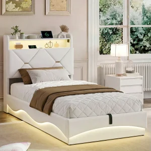 Eenpersoonsbed 90×200 cm met hydraulische opbergruimte – hoofdeinde met LED-verlichting en USB-poort – fluweel – beige