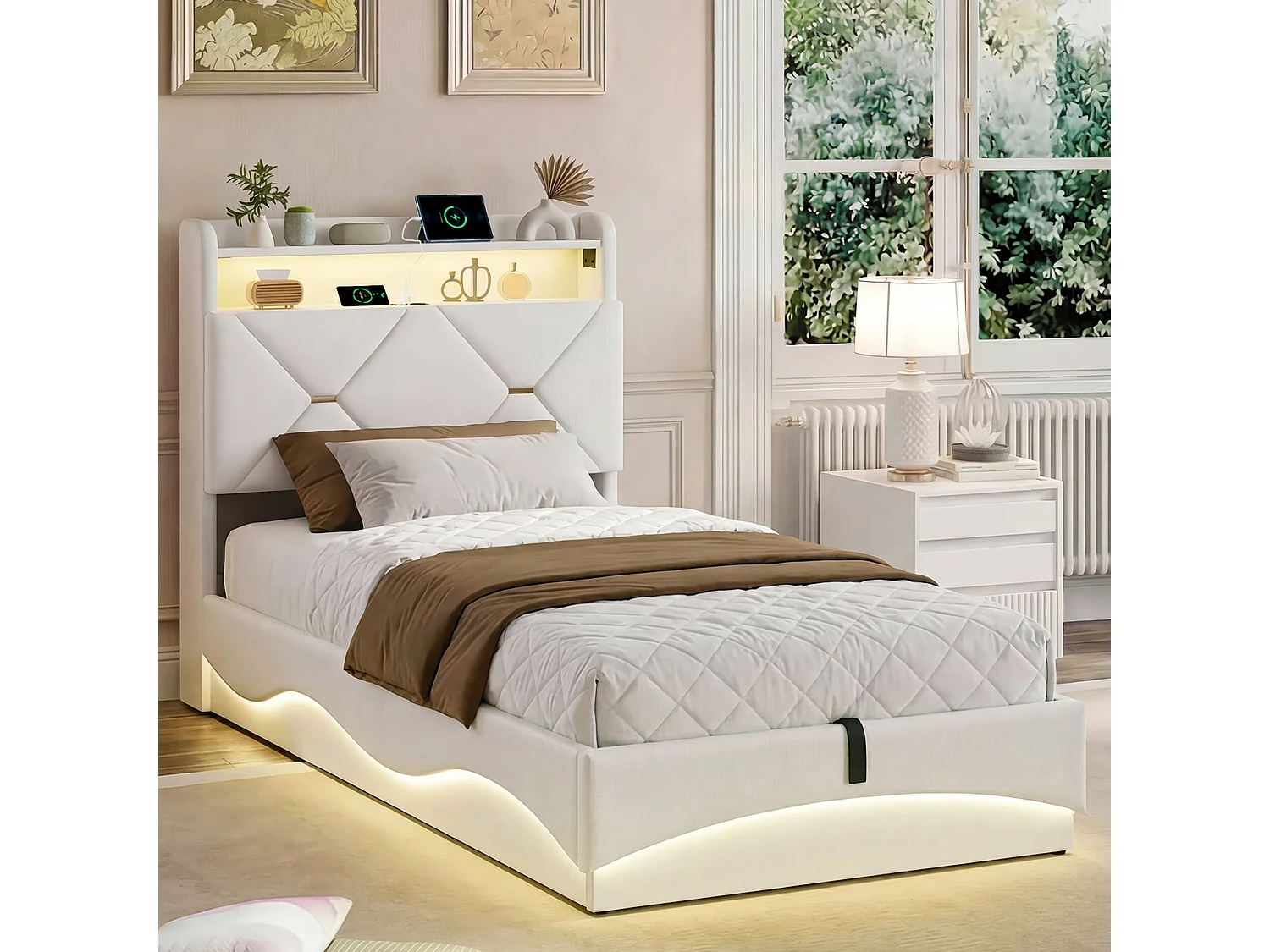 Eenpersoonsbed 90x200 cm met hydraulische opbergruimte - hoofdeinde met LED-verlichting en USB-poort - fluweel - beige
