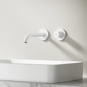 EMKE inbouw wastafelkraan 2-gats wandkraan mengkraan messing keramisch binnenwerk mat wit L.18 cm EMKE inbouw wastafelkraan 2-gats wandkraan mengkraan messing keramisch binnenwerk mat wit L.18 cm