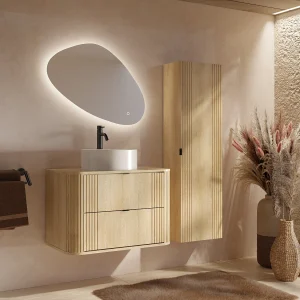 Zwevend badkamermeubel, ronde opzetwastafel en kolomkast, licht naturel, 80 cm, FILOR