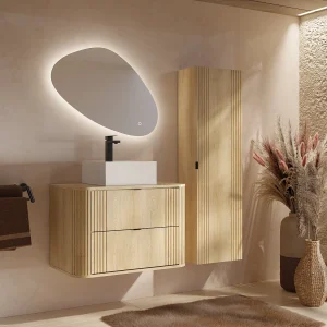 Zwevend badkamermeubel, vierkante opzetwastafel en kolomkast, licht naturel, 80 cm, FILOR