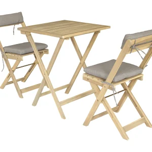 Eettafel en stoelenSet voor 2 personen in acacia en zandkleurige kussens BENAGIL