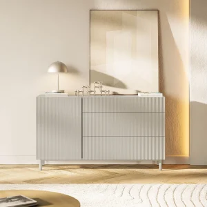 Dressoir met 1 deur – groefstructuur en 3 lades – Greige – 140 cm – VELDIO NEW Dressoir met 1 deur – groefstructuur en 3 lades – Greige – 140 cm – VELDIO NEW