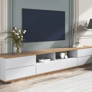 Eigentijds Scandinavisch TV-meubel 180cm in hout – 5 deuren + 8 vakken – Naturel & Wit Eigentijds Scandinavisch TV-meubel 180cm in hout – 5 deuren + 8 vakken – Naturel & Wit