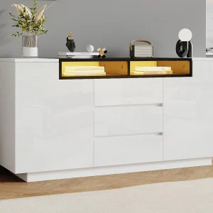 Dressoir 140x60x48 cm – 2 deuren en 3 laden – met LED – Verstelbare planken – Wit + Zwart Dressoir 140x60x48 cm – 2 deuren en 3 laden – met LED – Verstelbare planken – Wit + Zwart