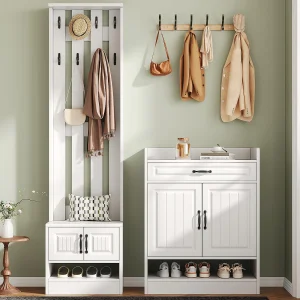 Garderobeset – 1 kapstok en 1 schoenmeubel – met 8 haken – Wit Garderobeset – 1 kapstok en 1 schoenmeubel – met 8 haken – Wit