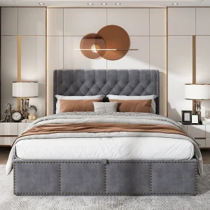 Fluwelen gestoffeerd opbergbed – versierd met klinknagels – met lattenbodem – 140x200cm – Grijs Fluwelen gestoffeerd opbergbed – versierd met klinknagels – met lattenbodem – 140x200cm – Grijs