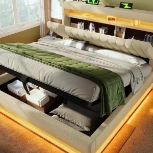 Gestoffeerd opbergbed 180×200 cm – met LED – met USB- en Type-C-poorten – Linnenstof – Hoofdeinde met opbergruimte – Beige Gestoffeerd opbergbed 180×200 cm – met LED – met USB- en Type-C-poorten – Linnenstof – Hoofdeinde met opbergruimte – Beige