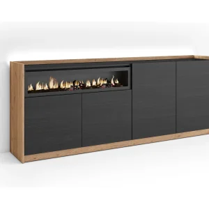 Dressoir, Opbergkast, 207x80x37 cm, 4 Deuren, Elektrische haard, LED, Zwart/Eiken Dressoir, Opbergkast, 207x80x37 cm, 4 Deuren, Elektrische haard, LED, Zwart/Eiken