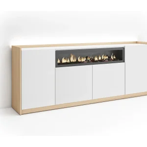 Dressoir, Opbergkast, 207x80x37 cm, 4 Deuren, Elektrische haard, LED, Wit en Eiken soft Dressoir, Opbergkast, 207x80x37 cm, 4 Deuren, Elektrische haard, LED, Wit en Eiken soft