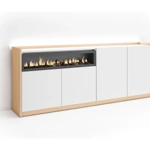 Dressoir, Opbergkast, 207x80x37 cm, 4 Deuren, Elektrische haard, LED, Wit en Eiken soft Dressoir, Opbergkast, 207x80x37 cm, 4 Deuren, Elektrische haard, LED, Wit en Eiken soft