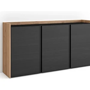 Dressoir, Opbergkast, 156x80x35 cm, 3 Deuren, LED, Zwart/Eiken