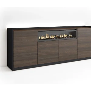 Dressoir, Opbergkast, 207x80x37 cm, 4 Deuren, Elektrische haard, LED, Donkere eik en Zwart Dressoir, Opbergkast, 207x80x37 cm, 4 Deuren, Elektrische haard, LED, Donkere eik en Zwart