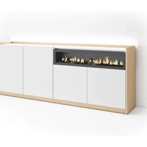 Dressoir, Opbergkast, 207x80x37 cm, 4 Deuren, Elektrische haard, LED, Wit en Eiken soft Dressoir, Opbergkast, 207x80x37 cm, 4 Deuren, Elektrische haard, LED, Wit en Eiken soft