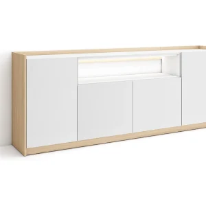 Dressoir, Opbergkast, 207x80x37 cm, 4 Deuren, LED, Wit en Eiken soft Dressoir, Opbergkast, 207x80x37 cm, 4 Deuren, LED, Wit en Eiken soft