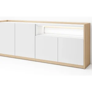 Dressoir, Opbergkast, 207x80x37 cm, 4 Deuren, LED, Wit en Eiken soft Dressoir, Opbergkast, 207x80x37 cm, 4 Deuren, LED, Wit en Eiken soft