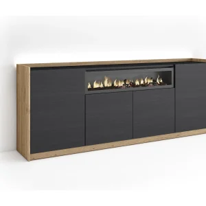 Dressoir, Opbergkast, 207x80x37 cm, 4 Deuren, Elektrische haard, LED, Zwart/Eiken Dressoir, Opbergkast, 207x80x37 cm, 4 Deuren, Elektrische haard, LED, Zwart/Eiken