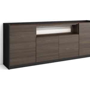 Dressoir, Opbergkast, 207x80x37 cm, 4 Deuren, LED, Donkere eik en Zwart Dressoir, Opbergkast, 207x80x37 cm, 4 Deuren, LED, Donkere eik en Zwart