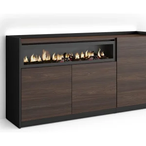 Dressoir, Opbergkast, 156x80x37 cm, 3 Deuren, Elektrische haard, LED, Donkere eik en Zwart