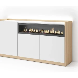 Dressoir, Opbergkast, 156x80x37 cm, 3 Deuren, Elektrische haard, LED, Wit en Eiken soft