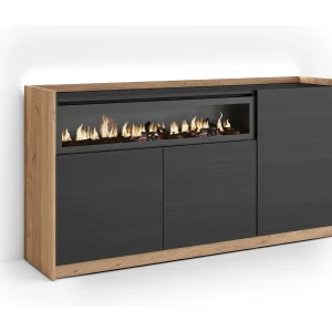 Dressoir, Opbergkast, 156x80x37 cm, 3 Deuren, Elektrische haard, LED, Zwart/Eiken