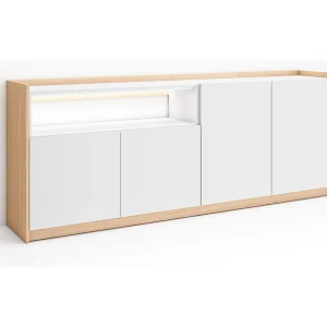 Dressoir, Opbergkast, 207x80x37 cm, 4 Deuren, LED, Wit en Eiken soft Dressoir, Opbergkast, 207x80x37 cm, 4 Deuren, LED, Wit en Eiken soft