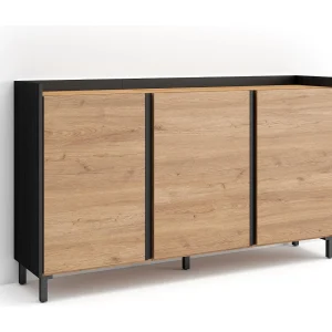 Dressoir, Opbergkast, 156x91x35 cm, 3 Deuren, Industrieel design, LED, Eiken/Zwart