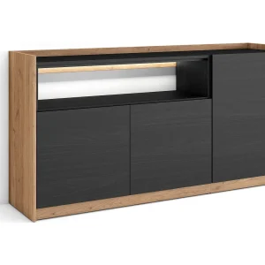 Dressoir, Opbergkast, 156x80x37 cm, 3 Deuren, LED, Zwart/Eiken