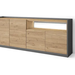 Dressoir, Opbergkast, 207x80x37 cm, 4 Deuren, LED, Eiken/Zwart Dressoir, Opbergkast, 207x80x37 cm, 4 Deuren, LED, Eiken/Zwart