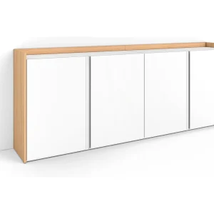 Dressoir, Opbergkast, 207x80x35 cm, 4 Deuren, Woonkamer, hal, Wit en Eiken soft Dressoir, Opbergkast, 207x80x35 cm, 4 Deuren, Woonkamer, hal, Wit en Eiken soft