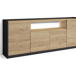 Dressoir, Opbergkast, 207x80x37 cm, 4 Deuren, LED, Eiken/Zwart Dressoir, Opbergkast, 207x80x37 cm, 4 Deuren, LED, Eiken/Zwart