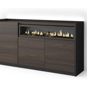 Dressoir, Opbergkast, 156x80x37 cm, 3 Deuren, Elektrische haard, LED, Donkere eik en Zwart