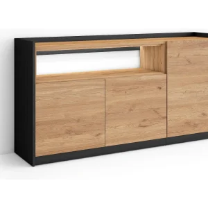 Dressoir, Opbergkast, 156x80x37 cm, 3 Deuren, LED, Eiken/Zwart