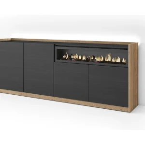 Dressoir, Opbergkast, 207x80x37 cm, 4 Deuren, Elektrische haard, LED, Zwart/Eiken Dressoir, Opbergkast, 207x80x37 cm, 4 Deuren, Elektrische haard, LED, Zwart/Eiken