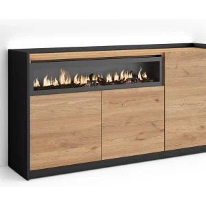 Dressoir, Opbergkast, 156x80x37 cm, 3 Deuren, Elektrische haard, LED, Eiken/Zwart
