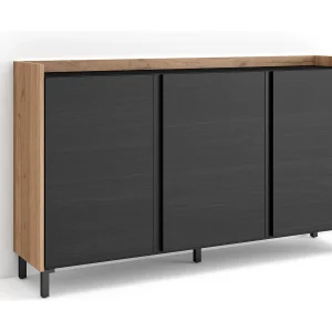 Dressoir, Opbergkast, 156x91x35 cm, 3 Deuren, Industrieel design, LED, Zwart/Eiken