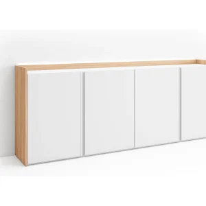 Dressoir, Opbergkast, 207x80x35 cm, 4 Deuren, LED, Wit en Eiken soft Dressoir, Opbergkast, 207x80x35 cm, 4 Deuren, LED, Wit en Eiken soft