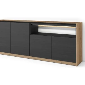 Dressoir, Opbergkast, 207x80x37 cm, 4 Deuren, LED, Zwart/Eiken Dressoir, Opbergkast, 207x80x37 cm, 4 Deuren, LED, Zwart/Eiken