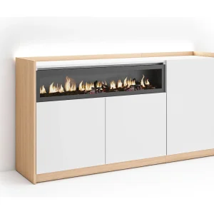 Dressoir, Opbergkast, 156x80x37 cm, 3 Deuren, Elektrische haard, LED, Wit en Eiken soft