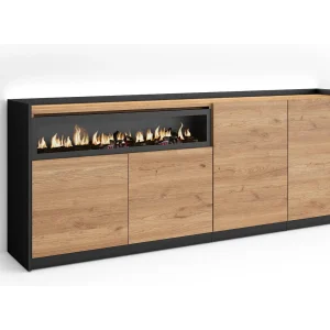 Dressoir, Opbergkast, 207x80x37 cm, 4 Deuren, Elektrische haard, LED, Eiken/Zwart Dressoir, Opbergkast, 207x80x37 cm, 4 Deuren, Elektrische haard, LED, Eiken/Zwart