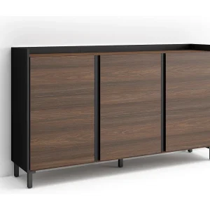 Dressoir, Opbergkast, 156x91x35 cm, 3 Deuren, Industrieel design, LED, Donkere eik en Zwart